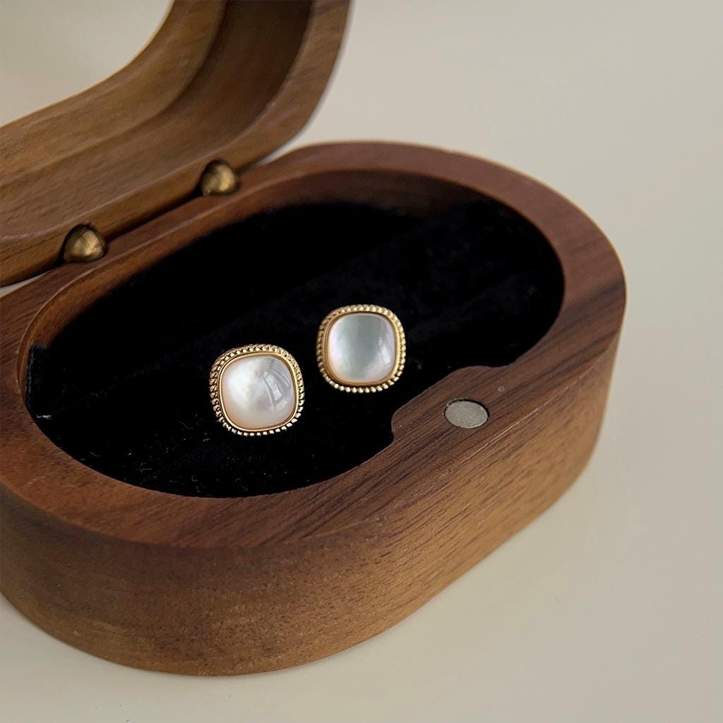 4pcs Shell Pave Round/ Square/ Heart/ Oval Earrings, Gold Plated Brass Geometric Stud Earrings (#GB-4214)